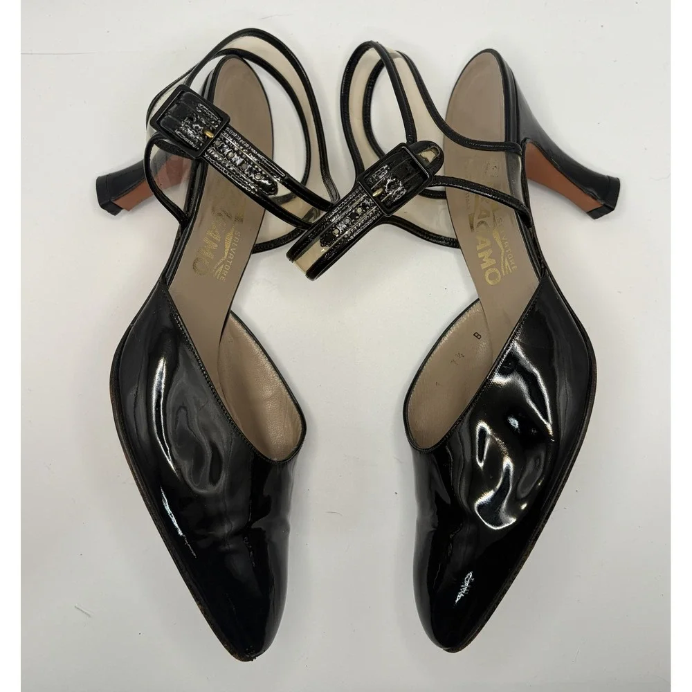 Salvatore Ferragamo Black Patent Leather PVC Ankle Strap Pumps Heels 7.5 B Italy